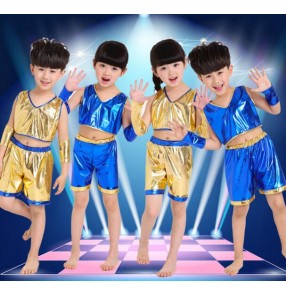 Royal blue gold yellow pu leather girls boys modern dance  toddlers school play t show hip hop jazz dance stage performance outfits costumes